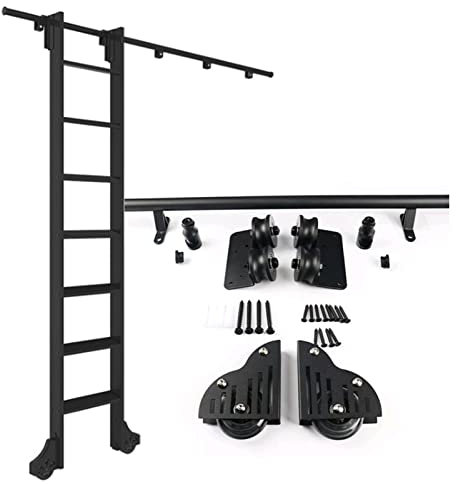 pour échelle coulissante Rail Kit Kit de quincaillerie de bibliothèque de rouleau noir de 3.3ft-20ft noir, matériel de rail à échelle coulissante avec roues à roulement de plancher (sans échelle), pis