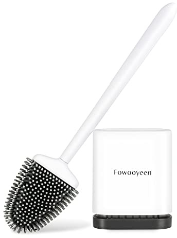Fowooyeen Scopino WC Silicone, Spazzolone WC Bagno, Scopino Bagno Autopulente Piatto con Staffa ad Asciugatura Rapida, Montaggio a Parete/in Piedi, Set di Scopettino, Bianco Opaco