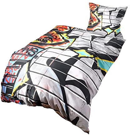G BETTWARENSHOP Biber Bettwäsche Set Graffiti • mega Coole Bunte Jugendzimmer Bettwäsche NYC Street Art Design aus 100% Baumwolle mit Reißverschluss 135x200 cm + 80x80 cm