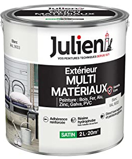 Julien Peinture Multi-Matériaux Satin en phase Aqueuse - Bois, Fer, Alu, PVC, Zinc, Acier galvanisé, brut ou peint - Blanc 2 L