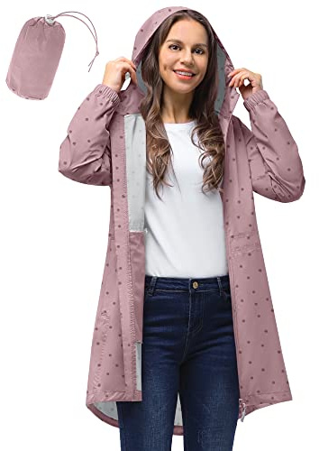 33,000ft Women's Rain Jacket Lightweight Hooded Long Rain Coat Waterproof Jacket Ladies Packable Functional Jacket Windbreaker Breathable Active Outdoor Coats Dotted Pink 3XL/20-22