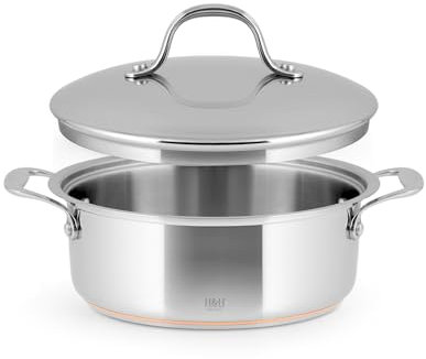 H&H Casserole basse en acier inoxydable et cuivre, 2 poignées, 26 cm, avec couvercle