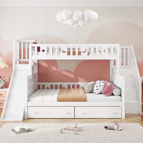 Idemon Letto per bambini 90 x 200/140 x 200 cm, letto a castello in legno massello con scivolo e ripiano con livelli di sicurezza, due cassetti grandi e doghe bianche, LDB00112