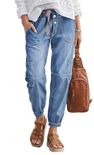 Flamingals Straight Leg Button Fly Jeans for Women Multi Pocket Mid Rise Jeans Without Belt Denim Pants Light Blue M