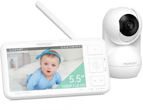 Momcozy Babyphone avec caméra Écran 5.5 Pouces Full HD 1080P Moniteur bébé sans WLAN 5800 mAh Vision Nocturne Claire, ECO, VOX, Audio bidirectionnel portée de 500 m, Prendre des Photos et des vidéos