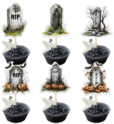Xsstarmi 36 Pack Tombstone Cupcake Toppers - RIP Cemetery Graveyard Zombie Skeleton Pumpkin Bat Cupcake Picks for Halloween Theme Party Cake Decorations