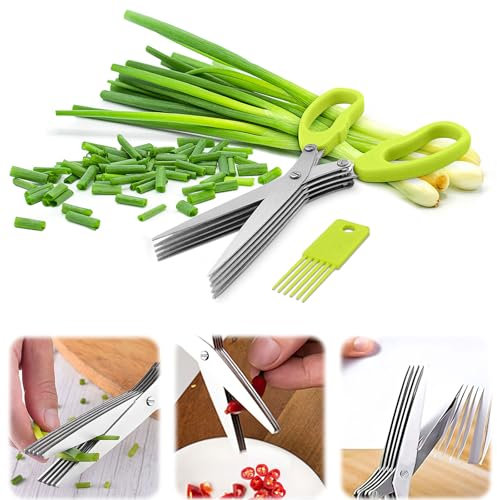 Tijeras de cocina para cortar hierbas frescas de jardín, tijeras cortadoras de hierbas con 5 cuchillas, acero inoxidable afilado y antioxidante, apto para lavavajillas (verde)