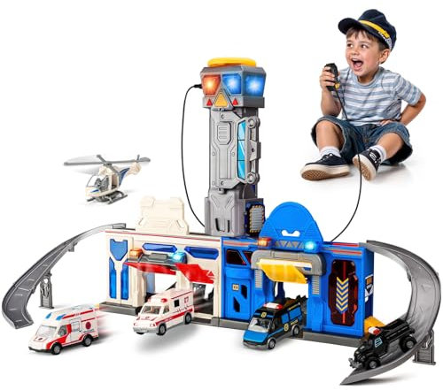 lerrbo Police & Ambulance Transform Track Sets for Boys 3-6, Foldable Large City Action Playset with Light & Sounds, Birthday Gifts for Kid Boys 3-5,4-6