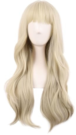 MapofBeauty 28 Inch/70 cm Long Curtain Bangs Synthetic Fiber Wavy Curly Heat Resistant Cosplay Party Wig (Blonde)