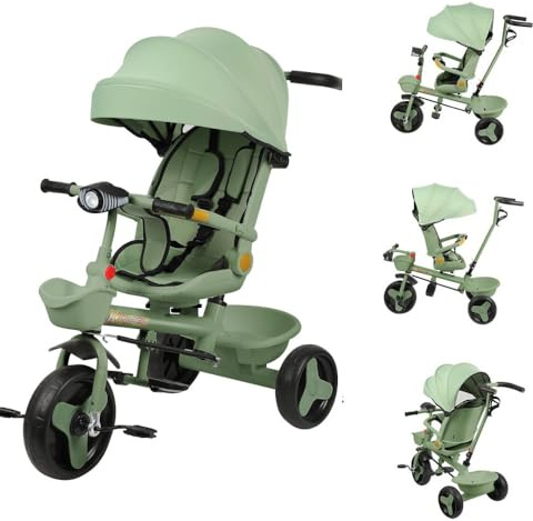 OHMG Triciclo bebé evolutivo 5 en 1 bicicleta. Silla de paseo con mango de empuje, toldo desmontable, cinturón de seguridad de 5 puntos, almacenamiento, reposapiés, freno, para niños de 1 a 5 años