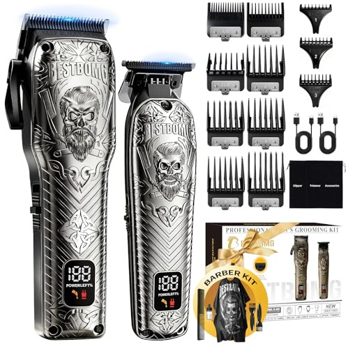 BESTBOMG Professional Cordless Mens Hair Clippers & Beard Trimmer Kits & Sets,Metal Hair Clippers Cutting Grooming Kit with Long Battery Life for Family Barber Use (Gray)