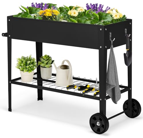 COSTWAY Jardinière Surélevé en Métal avec Pieds, Lit de Jardin sur Roulette avec Étagère de Rangement Trous de Drainage Crochets de Suspension et Poignée, pour Légumes Fleurs (Noir)