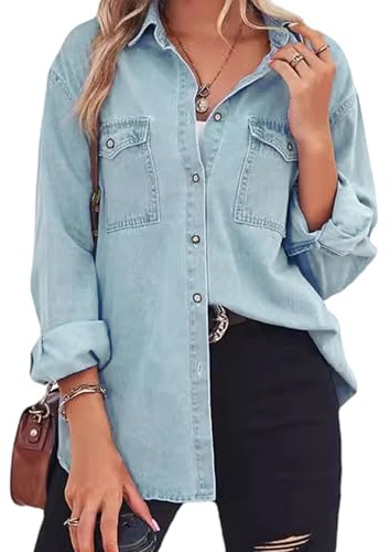 Yoisdtxc Women Denim Solid Color Shirts Turn Down Collar Long Sleeve Jean Tops Spring and Fall Casual Blouses (A-Blue, L)