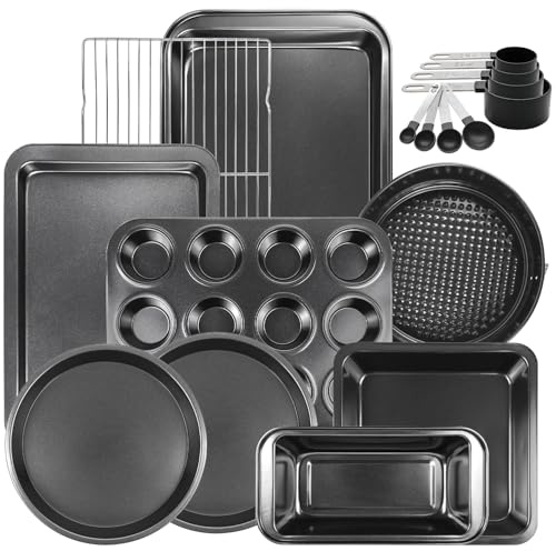 17 PCS Bakeware Set Carbon Steel Non-Stick Baking Pan Set with Sheet, Muffin, Loaf Tin, Square Cake, Deep Pan, Springform, Measuring Cups, Cooling Rack