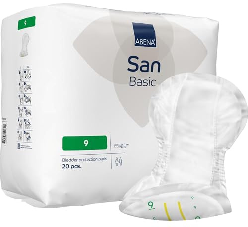 ABENA Basic San 9, 2200ml, Pack of 20, 73x37cm, Incontinence Pads for Men & Women, Breathable, Discreet Shaped Pads for Moderate to Heavy Bladder Weakness, Fast Absorption, Odour & Leak Protection