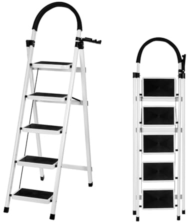 XUANYU Escalera Plegable de 5 Peldaños, Estructura de Acero, Plataformas Antideslizantes y Pasamanos, Escalera de Tijera para Hogar Oficina y Tareas Domésticas (Blanco, 5 peldaños)