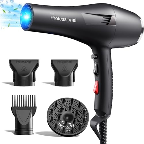 BANNILU Asciugacapelli Professionale 2000W, Phon Capelli Ionico 130 Milioni Anti-Crespo, Luce Blu, 4 Accessori per Capelli Ricci e Lisci