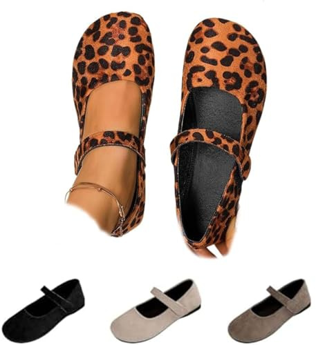 Ballerines orthopédiques Mary Jane en daim pour femme, chaussures orthopédiques décontractées à enfiler avec sangle, imprimé léopard, 38 EU