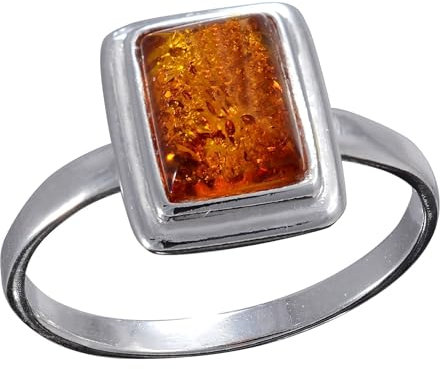 HolidayGiftShops Ring aus Sterlingsilber und baltischem Honig, Kleiner Rechteck-Bernstein für Erwachsene 18