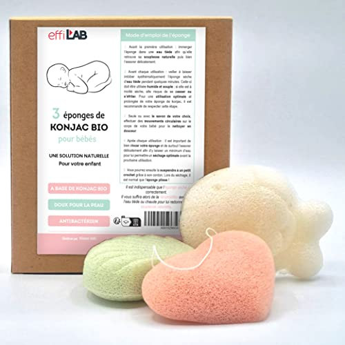 effilaB | Bio-Konjak-Schwamm-Babypackung in Herz-, Muschel- und Fischform für das Babybad | 3er Set Babyschwämme | Natürlicher Pflanzenschwamm, schonende Reinigung