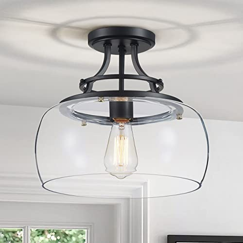 WUZUPS araña rústica casa de campo industrial redonda semi-empotrado techo led lámpara con pantallas de vidrio transparente para el baño cocina vestíbulo entrada, h 30 x w 34, base e27, negro