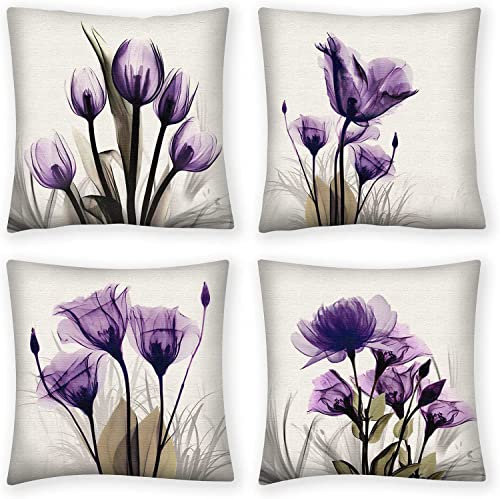 QUALKNOY Set of 4 Cushion Covers 18x18 Purple flower Dense Linen Modern Art Decorative Throw Pillow cases 45 x 45cm for Living Room Sofa Outdoor Garden Courtyard Flora Pillowcases
