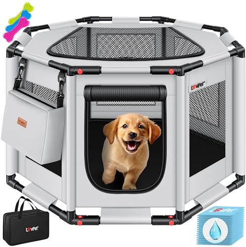 LOVPET® Welpenlaufstall drinnen draußen Welpenauslauf Hunde-Käfig Oxford-Gewebe Tier-Laufstall Kleintier Katzen Freigehege Rahmen PVC-Rohr mit Tasche, 3X Kauknochen & 10 Pad, M 72x72x43cm, Grau