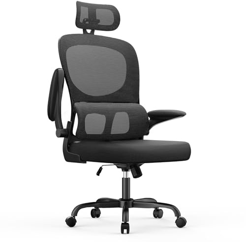 rattantree Silla de Oficina Ergonómica con Soporte Lumbar, Silla de Escritorio de Respaldo con Reposacabezas y Altura Ajustables, Reposabrazos Abatible, Silla de Ordenador para Oficina en Casa, Negro
