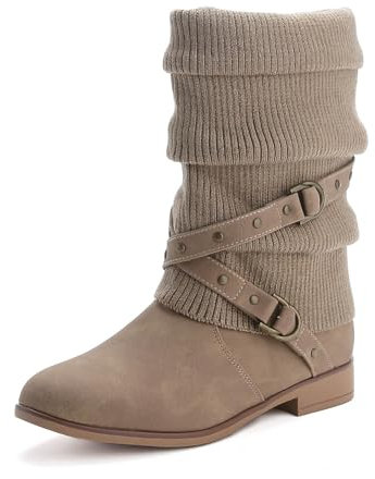 Pogolino Damen Stiefeletten Plateau Strick Boots Biker Herbst Winter Stiefel ST2912, Khaki 40