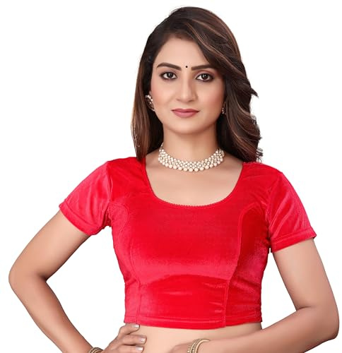 SEEANS Women's Readymade Saree Blouse | Velvet Stretchable Short Sleeve Choli | Full-Stitched Partywear Crop Top | Traditional Festive Wear | Stretch Blouse for Women | Red 36 to 40 Bust