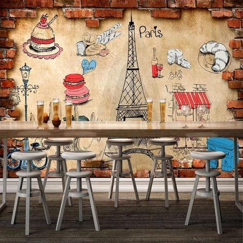 MIXUEXUNLU Mural Wallpaper Iron Tower 3D Three-Dimensional Brick Wall Food Graffiti Mural Bakery and Cake Shop Background Wall Decoration