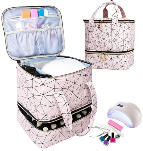 Nail Polish Organizer Bag, Nail Kit Organizer Holds 30 Bottles, Nail Polish Organiser Case, Double Layer Nail Polish Storage Bag, Nail Polish Carrying Case for Manicure Tools, Pink