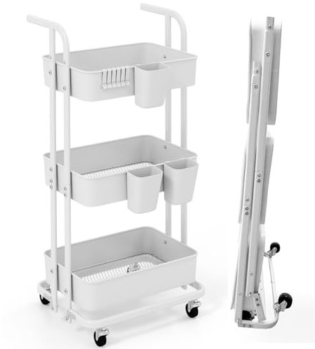 TANGZON 3-Tier Folding Storage Trolley, Rolling Storage Cart with 3 Cups, 6 Hooks, Metal Mesh Shelves, Wheels & Handles, Utility Shelving Organizer for Kitchen Living Room Bedroom Office Laundry