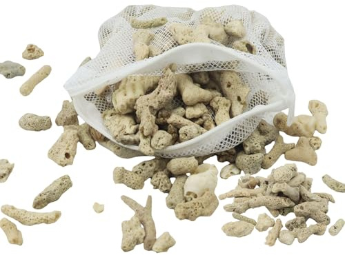 MYRIONT 500 g/1,1 lb krossad korall för sötvattensakvarium, dammfilter, akvariefiltermedier för att höja pH, återanvändbart akvariefilter, fisktankskorallstenar