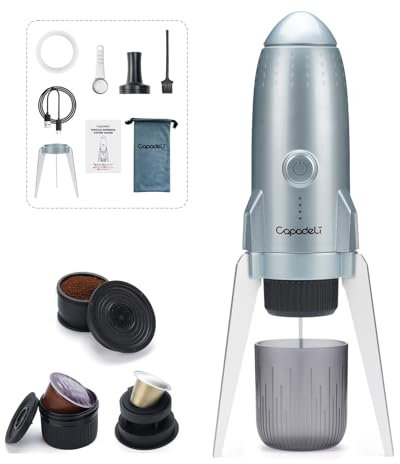 RECAFIMIL Machine à expresso portable 3 en 1 électrique de camping auto-chauffante, avec USB-C, compatible avec capsules NS/DG et café moulu pour les déplacements à la maison (argenté)