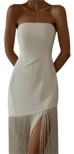 Vestido con Flecos Elegantes Vestidos de Fiesta con Flecos for Mujer, sin Tirantes, Ajustados, Midi, de Verano, sexys, con borlas, for Noche(White,S)