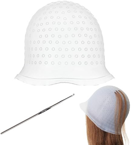 Bonnet de cheveux en silicone perforé avec aiguille, Blanc Chapeau Meches Cheveux, Bonnet coloration reutilisable pour Les Femmes et Les Filles
