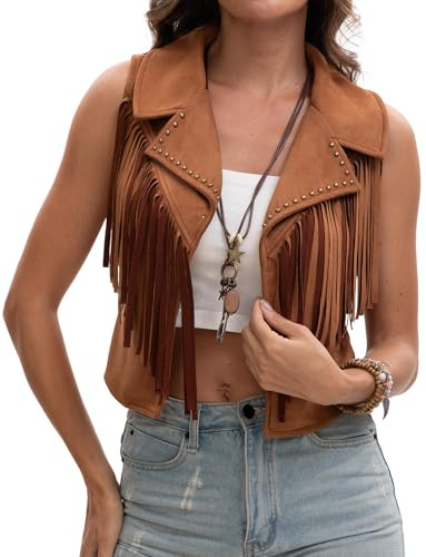 Maeau Womens Festival Faux Suede Jacket Tassel Sleeveless Waistcoats Fashion Cowgirl Cardigan Open Front Hippie Jackets Boho Fringe Outerwear Brown M