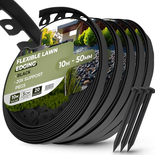 Instalguru Borde Césped Jardín 50 m 50 mm Delimitador Flexible Palisada 100x Estacas Anclaje Suelo Clavos Fijación 18 cm Negro Separador Macizo Sendero