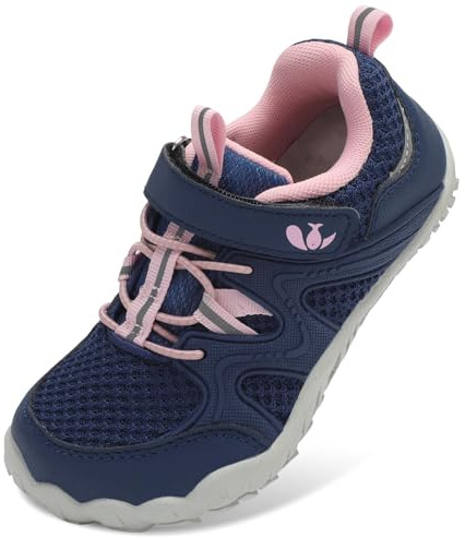 JIASUQI Boys Girls Wide Barefoot Shoes Kids Anti-Slip Rubber Walking Shoes Outdoor Sports Shoes for Hiking Climbing Running(Navy Pink,Size 13)