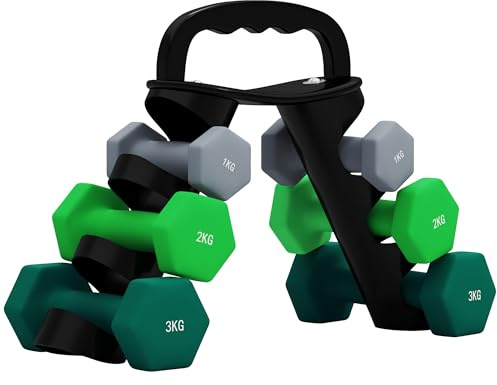 SPORTNOW Hanteln Set 6 Kurzhanteln mit Klappbarem Hantelständer, 2 x 1kg, 2 x 2kg, 2 x 3kg Hexagon-Hanteln, Kugelhantel für Fitness, Gymnastik, Zuhause