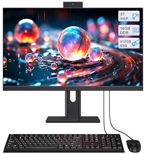 Computer desktop, computer all-in-one 27'' Core i7 (fino a 3,0 GHz) 512 GB SSD 16 GB RAM con webcam retrattile, PC all-in-one schermo regolabile, WiFi 6 Bluetooth 5.3 ideale per telelavoro, nero