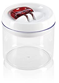 Leifheit Fresh and Easy Vorratsbehälter 900 ml, rund, luft- und wasserdichte Vorratsdose mit patentierter Einhand-Bedienung, Frischhaltedose, stapelbare Aufbewahrungsboxen, transparent, rot