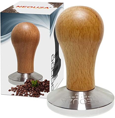 NEOUZA Prensador de Café Espresso 58mm Barista Prensa de Café en Polvo y Granos Mango de Madera Base Plana de Acero Inoxidable. Compatible con Máquina Grupo E61