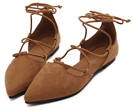 ERLINGO Zapatos planos de ballet casuales para mujer con correa cruzada, elegantes zapatos de bailarina con punta para boda, con cordones, para niñas, Brown, 37 EU