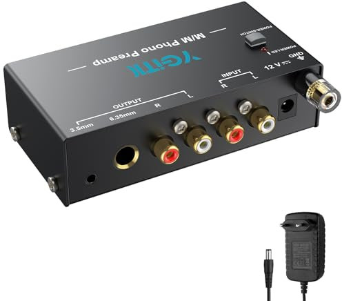 YGiTK Préampli Phono Mini Préamplificateur Phono M/M avec Adaptateur DC 12V Stéréo Métal à Faible Sortie pour RCA Entrée & Sortie 1/4 TRS Préamplificateur de Tourne-Disque