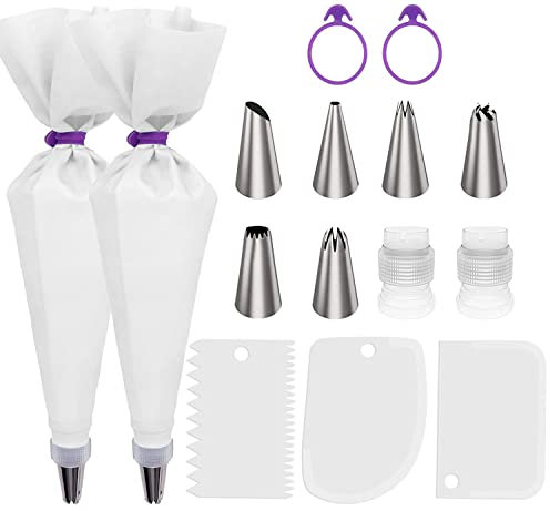 YOTOYOU Spritzbeutel Mit Tüllen 15 Stücke Torten Zubehör Set Silikon Spritzbeutel Kuchenschaber Silikonringe Standardkonverter,Backzubehör Für präzises Dekorieren Backkreationen Keksglasur (Weiß)