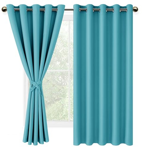DWCN Turquoise Blackout Curtains with Tiebacks for Bedroom Thermal Insulated Solid Eyelet Curtains for Living Room,2 Panels,66 Wide x 72 Drop