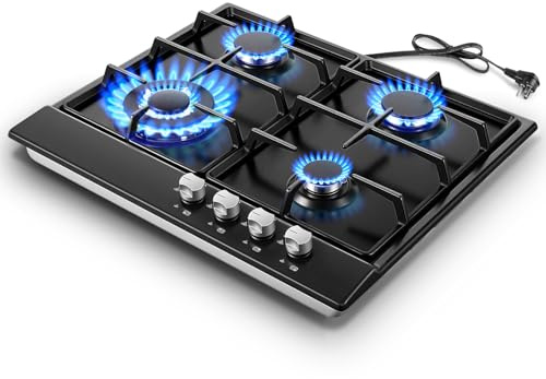 Gas Stove Top 24 inch Eascookchef, 24 inch Gas Cooktop 4 Burner, Bulit-in Stove Top NG/LPG Convertible, Upgrade Black Enamel Propane Cooktop with Thermocouple Protection