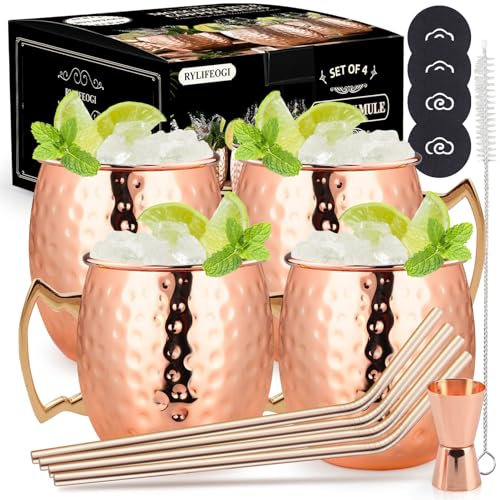 RYLIFEOGI Moscow Mule Becher 4er Set, 19oz Kupferbecher mit Jigger Strohhalme Geschenk für Bar, Party, Hausparty